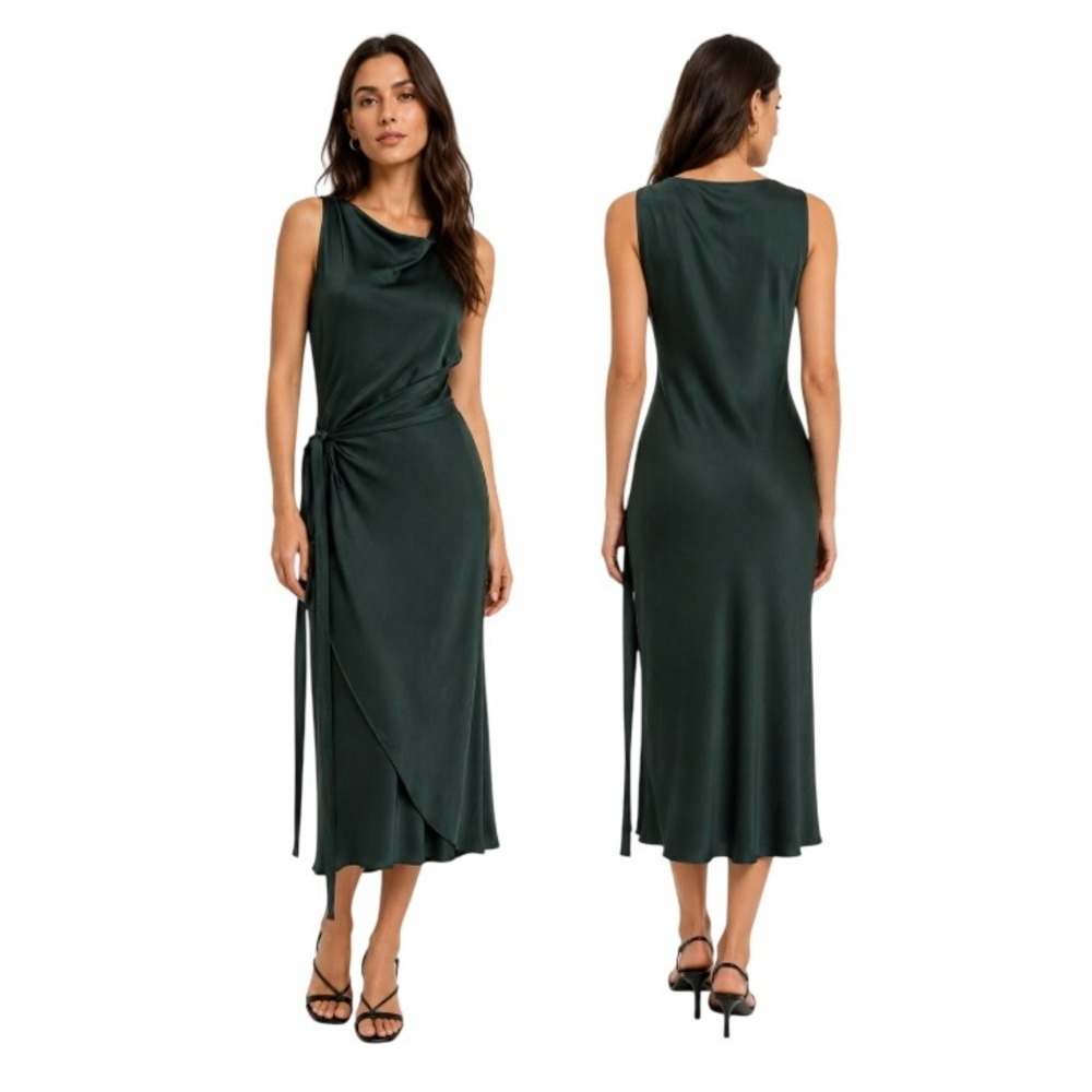 KES Womens L Dark Green 100% Silk Faux Wrap Tie Waist Sheath Midi Dress